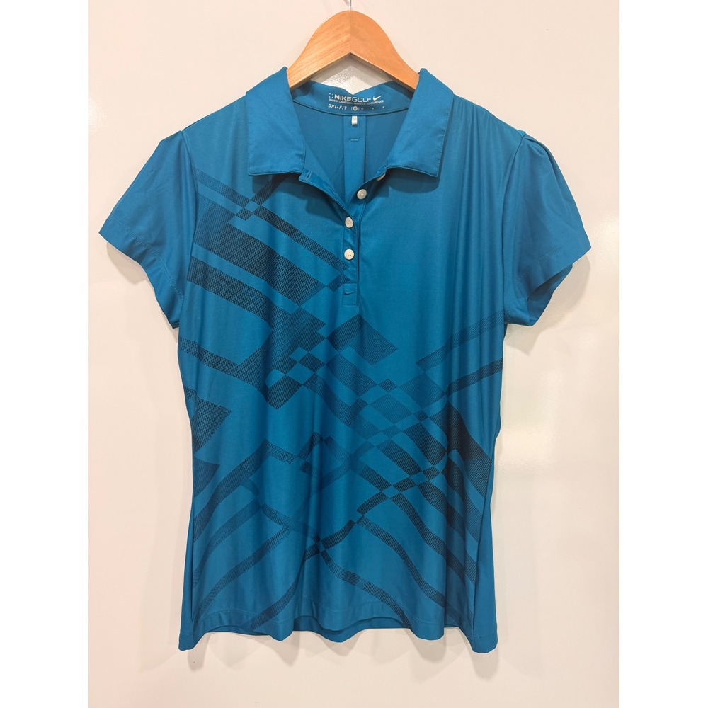 Nike Golf Dri-FIT Teal Blue Geometric Print Polo Shirt Womens Medium 416605-358